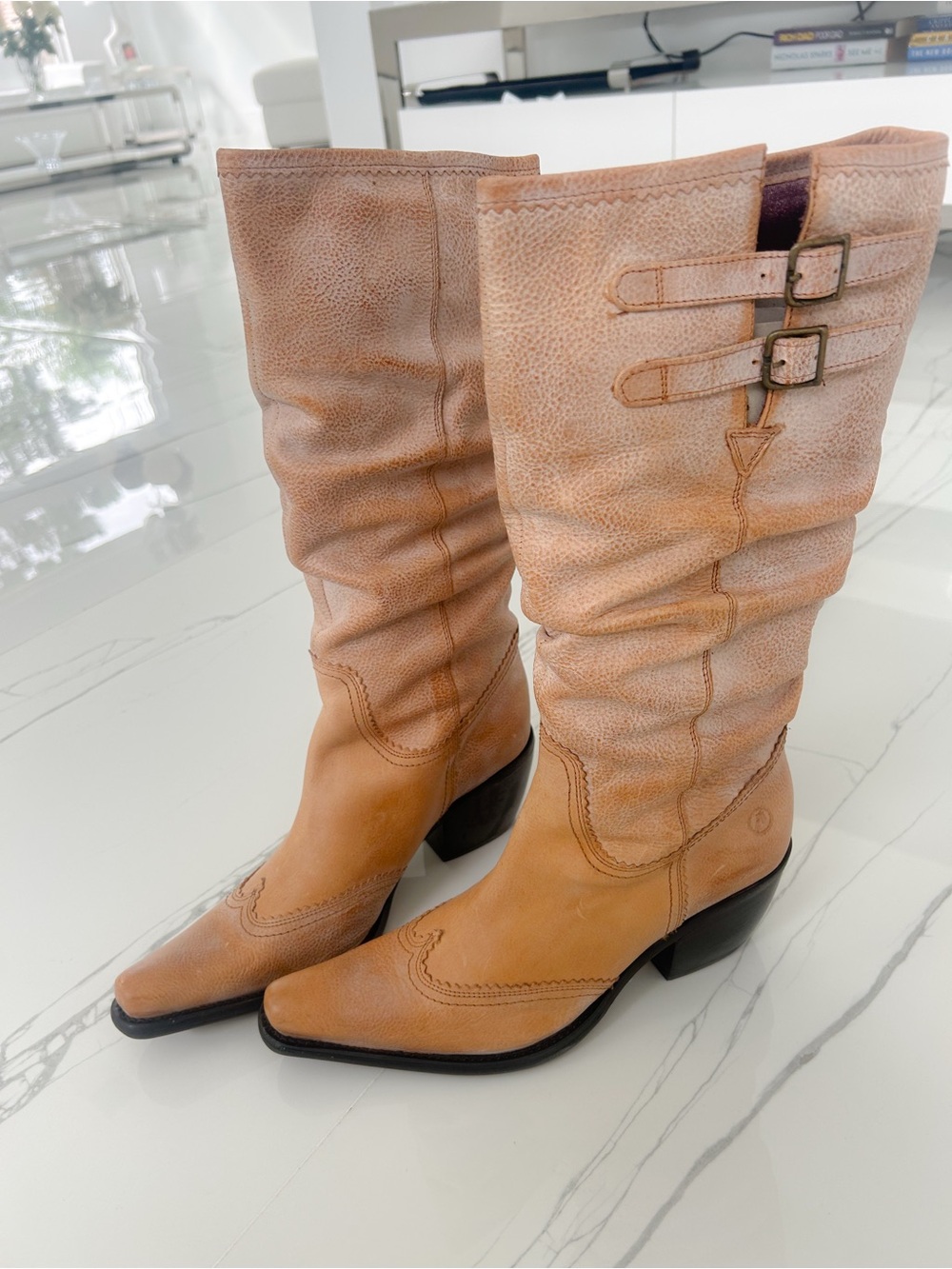 Bronx Tan Leather Mid-Calf Western Boots